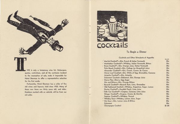 First two pages of the interior of the Hotel Sherman wine list, with a woodcut of a man in a top hat, suit coat, and trousers, lying supine on the ground, with a folded umbrella hooked over one arm, and the first page of cocktails, with a decanter and four glasses on a table.