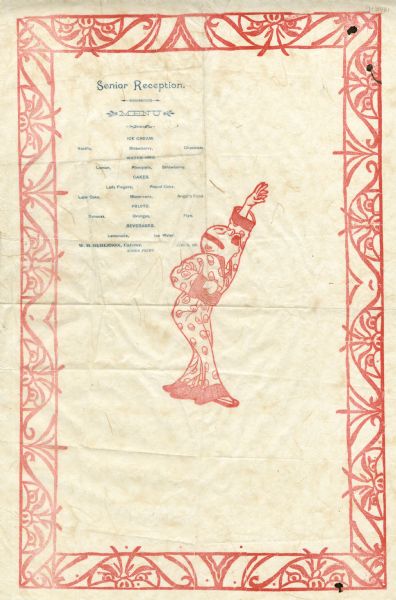 Menu for a senior reception catered by W.H. Burleson, with a wide border of pig or demon half-faces, and in the center a figure in a kimono and sandals with one arm raised, and his mouth open. Printed in red and blue inks on translucent paper.