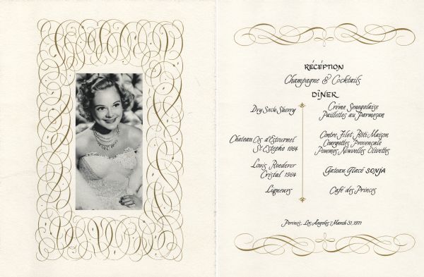 Front cover and menu page of a reception at Perino's restaurant in honor of champion figure skater and screen star Sonja Henie, given by her widower, Niels Ornstad. On the cover is a waist-up black and white portrait of Henie wearing an evening gown, fur stole, and jewels, with her left hand on her waist. The portrait is framed with printed golden scrollwork.