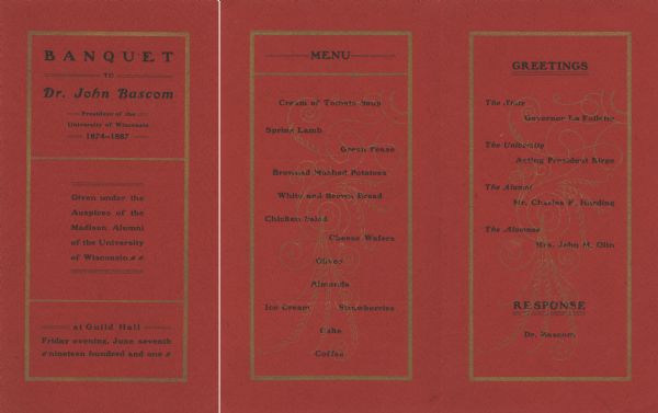 Front cover and interior pages of a menu for a banquet to Dr. John Bascom, president of the University of Wisconsin, 1874-1887, with gold-colored borders and background scroll ornamentation on interior pages. Printed in black ink on red card stock.