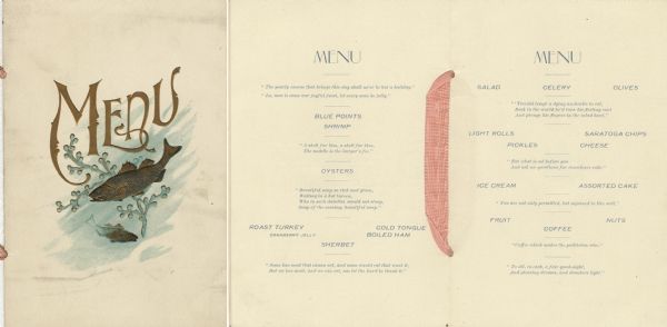 Front cover and menu pages for a Masonic banquet, with the word "Menu" in gold-colored raised printing and two embossed fishes swimming around a branch of seaweed.