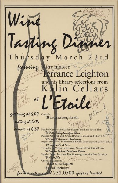 One-page autographed menu for a six-course food and wine-tasting event with Terrance Leighton, with the outline of a wine bottle and a bunch of grapes in inked brushstrokes. L’Etoile Restaurant staff have signed the menu.