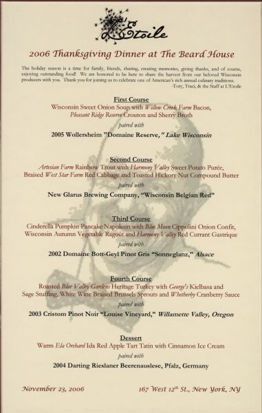 One-page menu for a five-course Thanksgiving dinner at The Beard House prepared by L’Etoile, with the restaurant logo and a background head and shoulders image of James Beard, wearing a bow tie.