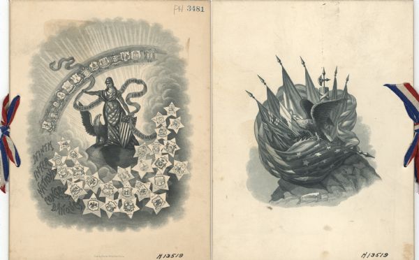 Front and back covers for the Ninth International Medical Congress banquet, with a female figure draped in a gown with stars and stripes, a head wrap with a star over her forehead, and beside her, a shield with stars and stripes on her left, and an eagle on her right. She holds a banner in her hands that reads, "Washington September 1887". Seals of the various states presumably in attendance appear on five-point stars or on a rainbow across a sky filled with clouds and the rays of an unseen sun. The back cover features an eagle perched on a rock formation, on top of which are arrayed six flags, encircled by the flag of the United States. A striped red, white, and blue ribbon ties the paperboard pages together.