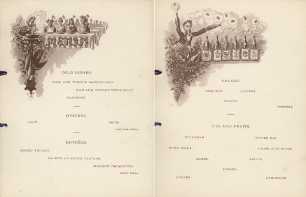 Interior menu pages of the Ninth International Medical Congress, with a woman in a head wrap and skirt decorated with stars pouring liquid from a jug into a bowl and stirring, on a table from which are suspended a fish, wild game, and a turtle. Behind her diners wearing flags on their heads sit at tables awaiting their meal, empty plates in front of them. One of the diners is a cow; another appears to represent a native American. The other menu page features a man with a goatee, jacket, and striped pants holding champagne bottles in both hands with popping corks flying in the air. A basket with three other bottles surrounded by leaves and bunches of grapes is in front of him. Six more bottles are in a row beside him, with banners of national seals and also popping corks into the air. The pages are gilt-edged.