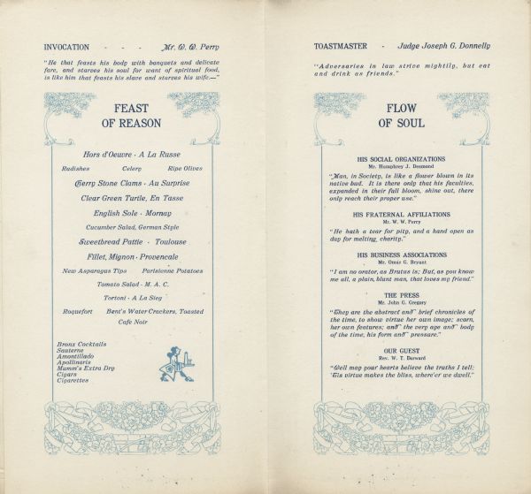 Interior pages of the farewell dinner menu given to Mr. Wilmer Sieg on the occasion of his move from Milwaukee to Hood River, Oregon. The menu and program pages ("Feast of Reason" and "Flow of Soul") are framed with arching fruit trees and swags of ribbons and flowers and a potted flowering tree. A spot profile illustration of a waiter carrying a serving tray with a decanter and a glass adorns the drinks portion of the menu.