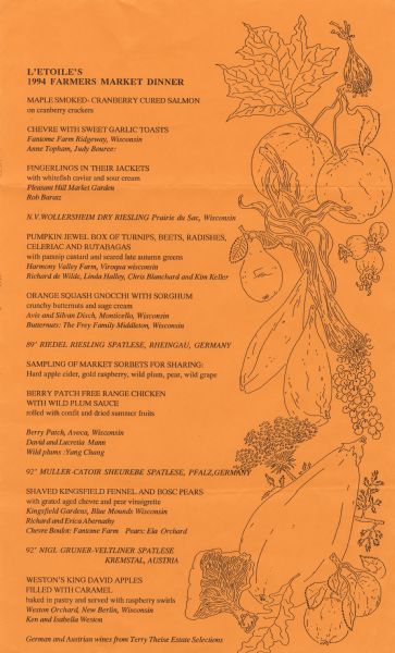 One-page menu for a dinner at L'Etoile Restaurant based on ingredients sourced from the farmers market, with listings of farms and farmers, as well as illustrations along the right-hand side of the page of fruits, vegetables, and other plant life.