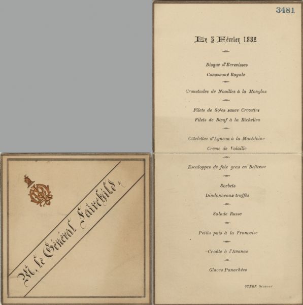 Cover and interior menu for "M. Le General Fairchild" in shadowed blackletter with the intertwined initials "M" and "P" and the head of a goat above. Gold-bordered paper squares are set into the front and back covers. The menu is printed in French.