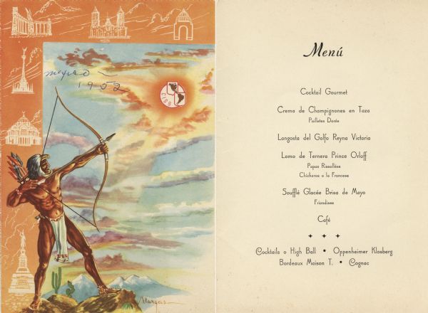 Front cover and menu page for a banquet given by the Instituto Mexicano del Seguro Social to the senior delegates to the fourth reunion of the Inter-American Conference on Social Security, with a color illustration of an eagle-headed warrior aiming a bow and arrow, wearing a loincloth and a quiver of arrows. Behind him is a multi-colored cloud-filled sky, bordered by inset illustrations of landmarks in Mexico City. The cover is signed "Vargas" in the lower right-hand corner.
