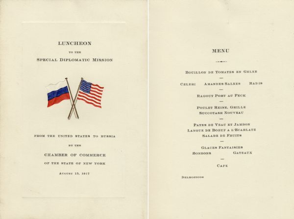 Menu for the luncheon to the Special Diplomatic Mission from the United States to Russia (Root Commission) given by the New York State Chamber of Commerce, with crossed flags of the two countries in raised color printing.