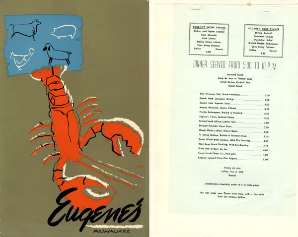 Front cover and back insert page from Eugene's restaurant in the Juneau Hotel, with an orange lobster holding a blue card in its tail with images of a steer, a pig, a chicken, and a lamb.