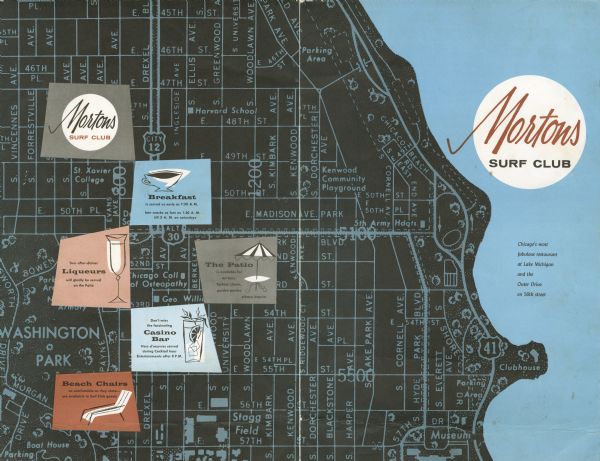 Front and back covers of the Mortons Surf Club menu, with a black on blue grid of Chicago streets from Lake Michigan to Vincennes Avenue, and E. 45th to E. 57th Streets. Spot illustrations of beverages and a beach chair and patio umbrella are superimposed on the back cover.