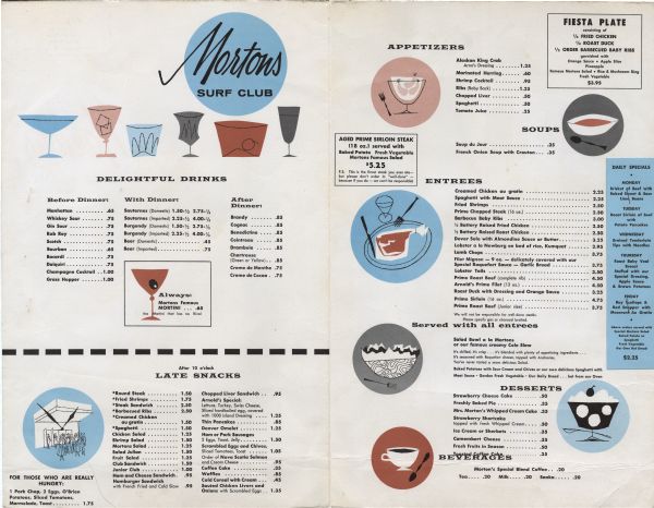 Interior menu pages from Mortons Surf Club, with spot illustrations on colored rounds of representative items, such as the "Mortini" for the drinks section, a steak for entrees, and a dish of ice cream for desserts.