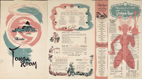 Front cover and partial menu listing with drinks overleaf. Front cover has a porthole view of pairs of men in three boats with mountains and palm trees in the background, the name of the restaurant in brushwork lettering. Inside are spot illustrations of imagined island inhabitants and bountiful fruits and vegetables, and a background image of a bare-breasted island dancer wearing a headdress with twin peaked blooms and holding a long-necked pitcher on a platter.