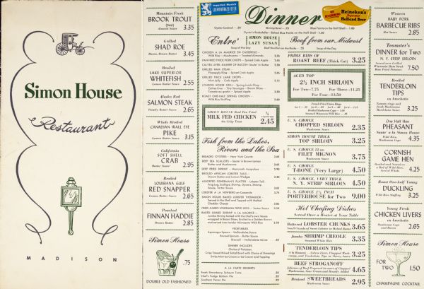 Front cover and center spread of the Simon House Restaurant dinner menu, with a profile illustration of a carriage, decorative flourishes around the name of the restaurant, and a light sconce.