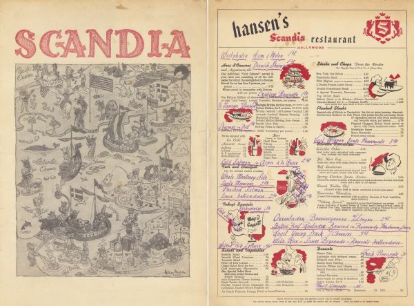 Front and back of one-page menu from the Scandia Restaurant, with a whimsical cartoon map rendering by Hakon Mielche of the Scandinavian countries and the U.S.A., populated by people in Viking hats preparing specialty food items to load on ships and a plane headed to the United States, toward a couple seated at a dining table in Hollywood. The menu features spot illustrations, often of chefs or dishes highlighted in red, for the various segments of the menu, and handwritten specials.