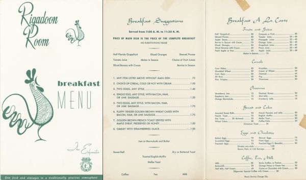 Breakfast menu from the Rigadoon Room in the Edgewater Hotel, with a large and a small profile line illustration drawing of a crowing rooster, and the seal of the hotel, a crowned and ornamented black letter style "E". Printed in green ink.