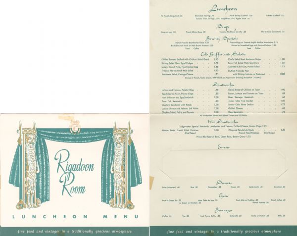 Luncheon menu from the Rigadoon Room in the Edgewater Hotel, with an illustration of twin gargoyle figures that stood on either side of a curtained doorway in the restaurant, with the crest of the restaurant at the top center. Printed in green and golden colored inks.