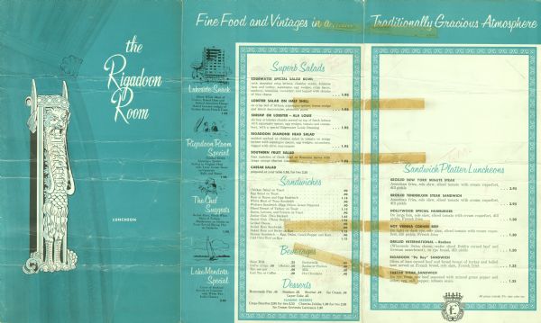 Luncheon menu from the Rigadoon Room in the Edgewater Hotel, with a gargoyle figure against a background of tied-back drapery, and spot illustrations of the hotel, diners, a chef, a sailboat, and the hotel crest on the menu pages. Printed in teal and black.