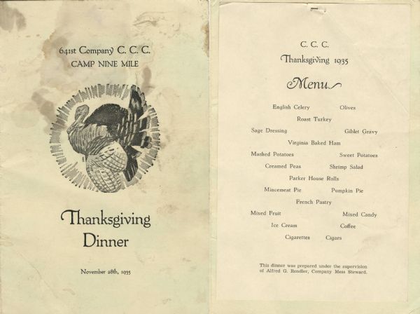 Thanksgiving dinner menu from the Civilian Conservation Corps, 641st Company, at Camp Nine Mile, with a profile view of a turkey.