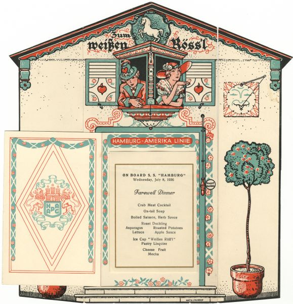 Farewell dinner menu in the form of a house decorated with folk art painting and trim, and a man and a woman in traditional dress perched at the two open windows above the door of the house. The door opens to reveal the menu. There is a version of the menu in German, beneath the English one, as well as the musical program, also in German. "Baitz/Aussee" is printed near the bottom.