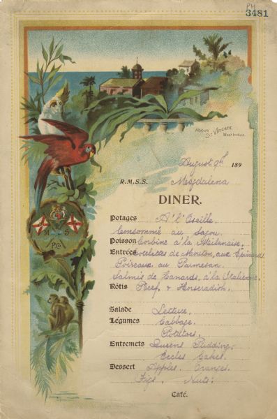 One-page menu from the R.M.S.S. <i>Magdalena</i> of the Royal Mail Steam Packet Company, with a parrot and a cockatiel perched on a branch above the company crest and flags, a pair of monkeys sitting on a branch, and buildings in a tropical landscape in the distance.