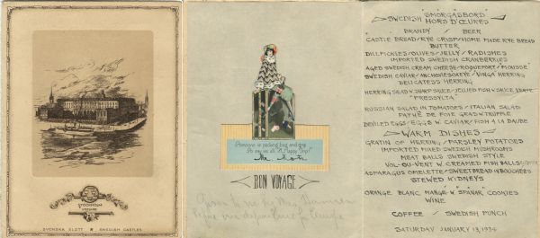 Handwritten menu and "Bon Voyage" greeting in a card from the Swedish American Line, with a Swedish castle on the cover, and on the inside of the card, a tipped-in die cut figure of a woman in a fur-trimmed top and skirt, holding a parasol, and sitting atop a trunk with travel stickers. The inscription in pencil beneath the greeting to Mr. Motz? reads, "Given to me by Mrs Hamren before our departure for Europe".