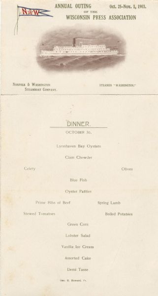 One-page menu with a detachable postcard at the top, with a profile image of the steamer <i>Washington</i> of the Norfolk & Washington Steamboat Company, as well as the company banner.
