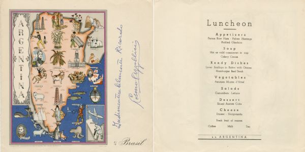 Luncheon menu for the S.S. <i>Argentina</i>, with a map of Argentina with spot illustrations for the provinces and featured products or symbols, the coat of arms of Argentina, and an oval portrait of the explorer Magellan.