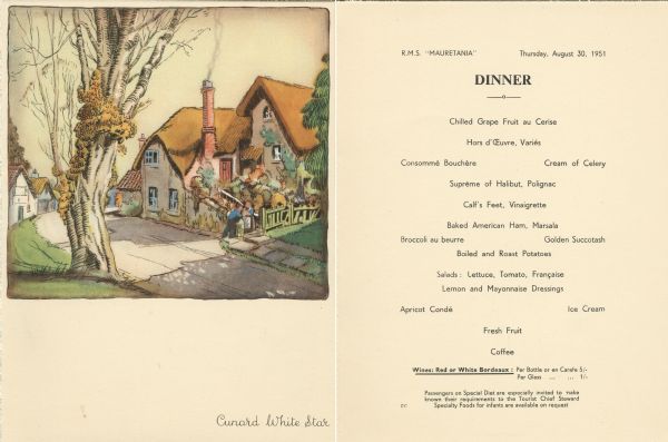 Dinner menu from the R.M.S. <i>Mauretania</i>, with a watercolor illustration of a thatched-roof cottage and a large tree near a bend in the road. Other houses are seen in the background.