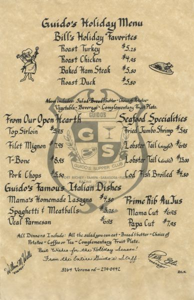One-page menu in calligraphy by "D.L.K." superimposed on the Guido's logo (a coat of arms with the initials "G" and "S" alternating with a martini glass and a steak), printed on parchment paper. Spot illustrations of a chef and a roast turkey on a platter flank a list of "Bill's Holiday Favorites" (William M. Wells, owner).