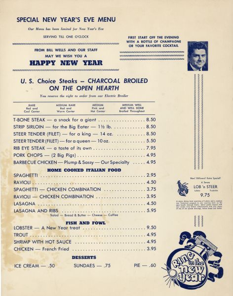 One-page menu for New Year's Eve from Guido's Supper Club, with a photograph of owner Bill Wells, a spot illustration of a lobster near the surf and turf "Lob 'n Steer" special, and a "Ring in the New Year" bell illustration.