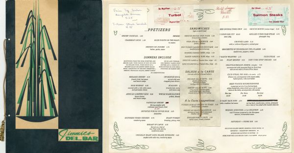 Menu from Jimmie's Del Bar with an illustration of black and green lines forming a cascading fountain effect, bound with a golden tasseled cord.