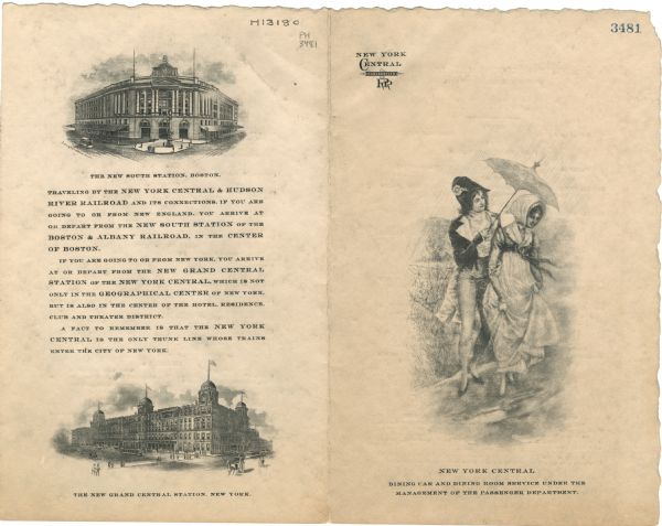 Exterior of the dinner menu offered by the dining car service of the New York Central and Hudson River railroad line, with a man in a bicorne, jacket, and trousers holding an umbrella against the rain for a lady dressed in a empire-waisted dress, and a kerchief on the front cover. On the back cover are three-quarter views of the New South Station in Boston and New Grand Central Station in New York.