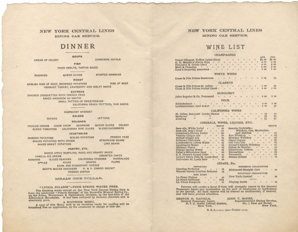 Interior of the dinner menu offered by the dining car service of the New York Central and Hudson River railroad line, with the dinner menu ("meals one dollar") and the wine list.