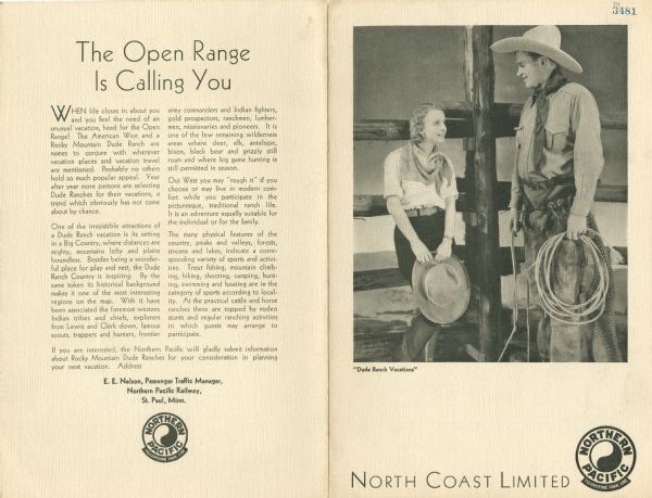 Exterior of the luncheon menu for the Northern Pacific Yellowstone Park Line, with a photograph of a woman wearing a blouse and skirt, neckerchief, and cowboy boots, and holding a cowboy hat, seated on a fence rung smiling at a man in a cowboy hat and fur chaps holding a coiled length of rope.