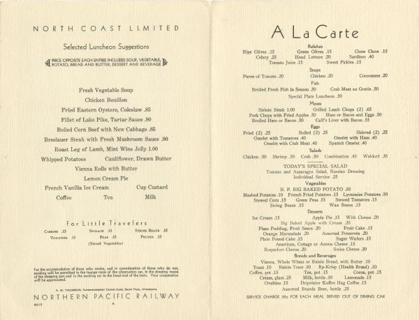 Interior of the luncheon menu for the Northern Pacific Yellowstone Park Line, with set menu and à la carte selections.