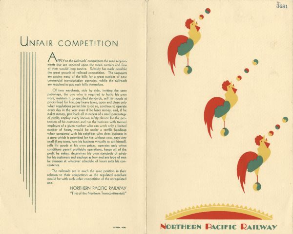 Breakfast menu from the Northern Pacific Railway, with three identical crowing roosters placed on a diagonal down the page, and printed in red, yellow, and green.