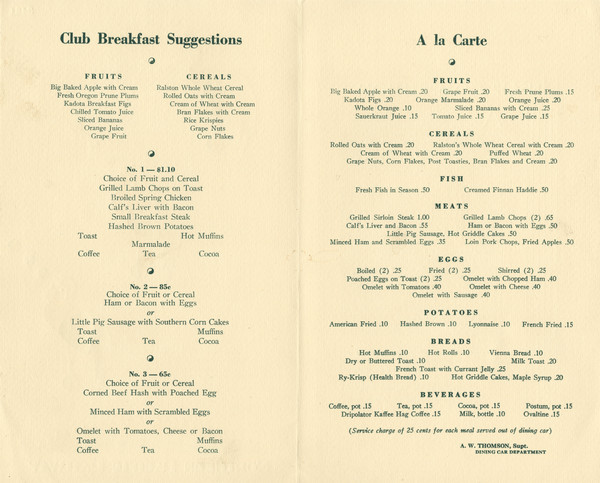 Interior of the breakfast menu for the Northern Pacific Railway, with set menu (65 cents to $1.10) and à la carte selections.