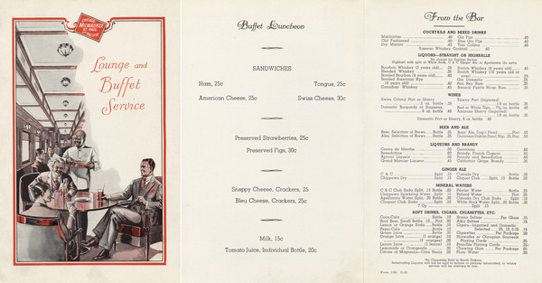 Buffet luncheon and drinks menu for the CMSP&P railway, with a waiter ready to serve a table of three men sitting at a table in the lounge car with drinks in hand. Other travelers are in the background.