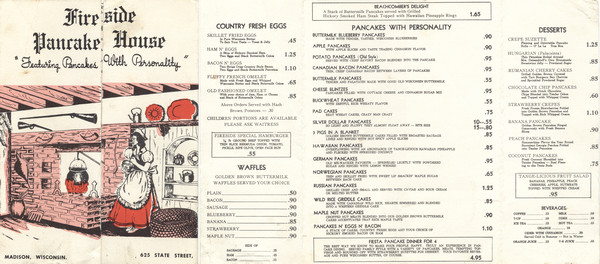 Foldout menu from Fireside Pancake House, with a woman in a cap, long dress, and apron, stirring batter in a bowl, standing by a hearth with a pot suspended over the fire. The tagline for the restaurant reads, "Featuring Pancakes With Personality."