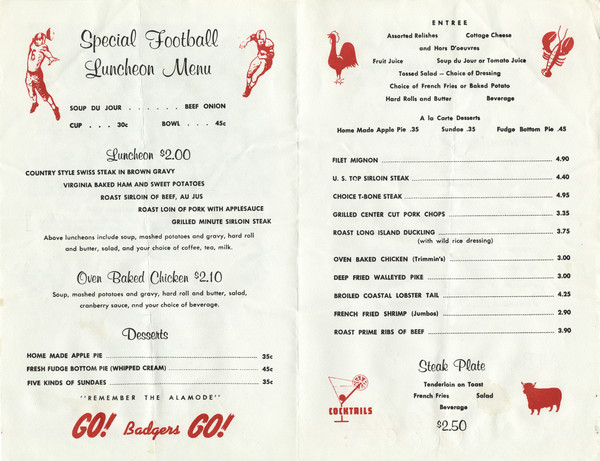 Interior of the Rohde's Steak House special football luncheon menu, with spot illustrations of football players in action, and featured items on the menu (a chicken, a lobster, a steer, and a martini).