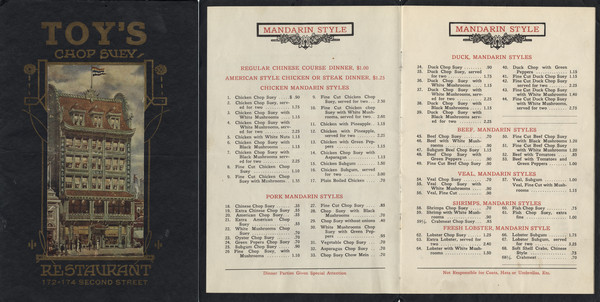 Front cover and first two menu pages of a multi-page Mandarin and American style menu, with a tipped-in illustration of the facade of the restaurant, with people standing near the doorway.