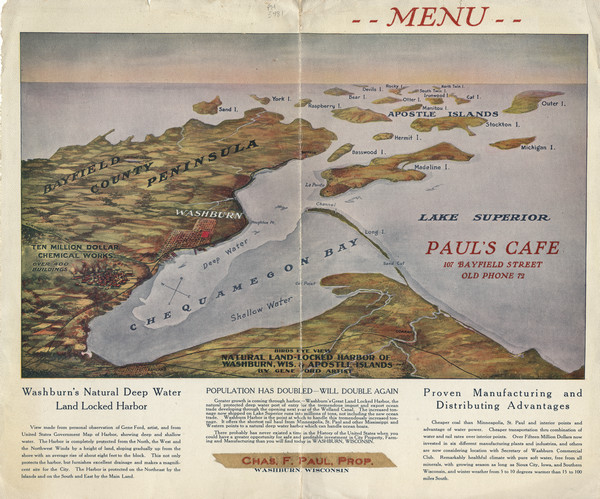Exterior of the menu for Paul's Cafe, with a bird's-eye view map of "Washburn's Natural Deep Water Land Locked Harbor," Chequamegon Bay, and the Apostle Islands by artist Gene Ford.