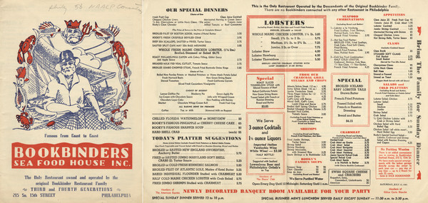 Menu from Bookbinders Sea Food House. The cover features an illustration of a fisherman holding a net with a boat in the background, framed by a border of crabs, fishes, and lobsters, with the head of the god Neptune and a trident in the center. "Phily 58 NAACP Convention" is penciled on the cover.