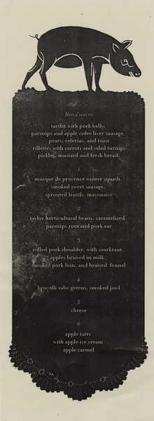 One-page menu for a pre-industrial (heritage breed) pig dinner, presented by Underground Food Collective. Features a profile view of a pig standing on a reverse-printed "doily" menu.