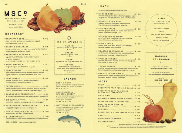 Double-sided menu for the bakery and cafe, Madison Sourdough Company, (MSCo.) with still-life illustrations in color of fruits, fall leaves, nuts, squash, berries, and a fish, printed on light yellow card stock.