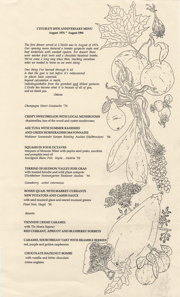 One-page menu for the twentieth anniversary of L'Etoile Restaurant, with a side illustration of vegetables, fruit, leaves, and other plant life.