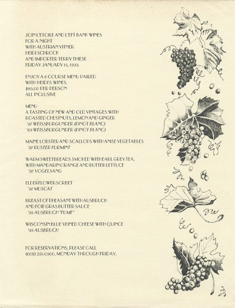 One-page menu for a wine dinner at L'Etoile Restaurant with vintner Heidi Schrock and importer Terry Theise, with a side illustration by Rebekkah Luce of grape leaves and bunches of grapes.