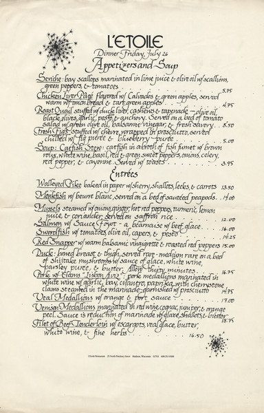 One-page dinner menu from L'Etoile Restaurant, with menu selections in calligraphy and the restaurant's starburst logo at the top and bottom opposing corners.